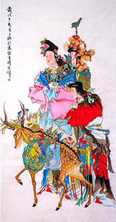 Chinese The Five Gods of Fortune Painting,69cm x 138cm,3729001-x