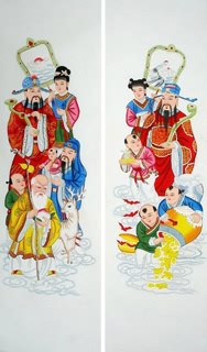 Chinese The Five Gods of Fortune Painting,35cm x 126cm,3811004-x
