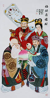Chinese The Five Gods of Fortune Painting,68cm x 136cm,jh31176001-x