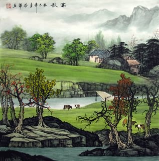 Chinese Village Countryside Painting,66cm x 66cm,1135107-x