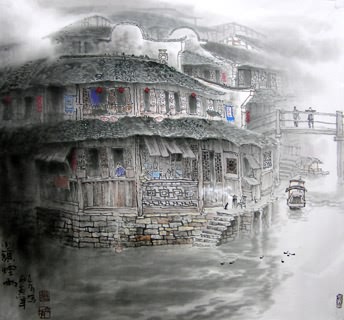 Chinese Water Township Painting,97cm x 90cm,1025035-x