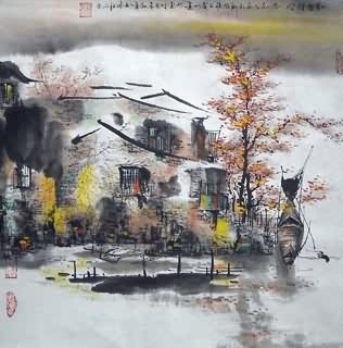 Chinese Water Township Painting,45cm x 45cm,1195008-x