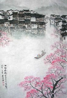 Chinese Water Township Painting,50cm x 107cm,1206003-x