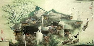 Chinese Water Township Painting,50cm x 100cm,1457004-x