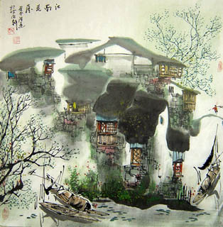 Chinese Water Township Painting,69cm x 69cm,1457006-x