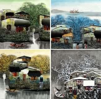 Chinese Water Township Painting,50cm x 50cm,1464007-x